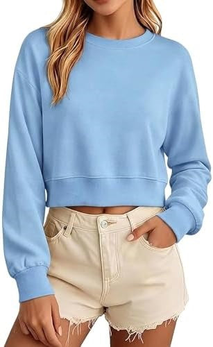 Sweatshirt court bleu clair à col rond, manches longues, coupe ample