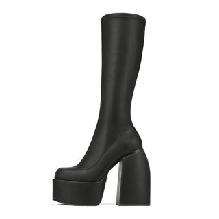 Botte haute noire à plateforme et talon épais, tige stretch ajustée en similicuir