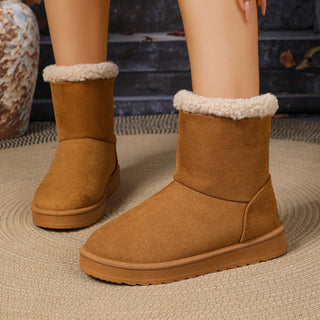 Bottes fourrées mi-mollet camel en suédine, revers en moumoute, semelle antidérapante