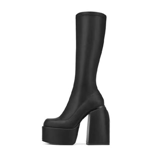 Botte haute noire à plateforme, talon épais carré et tige stretch lisse