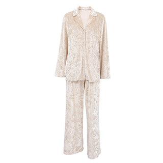 Ensemble pyjama en velours blanc cassé pour femme : chemise à revers et pantalon large
