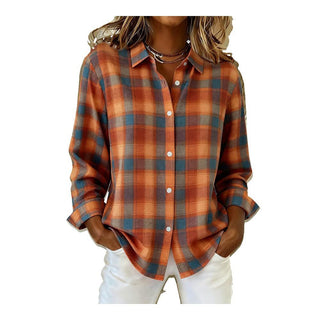 Chemise oversize coton à manches longues carreaux orange et bleu, boutonnée, col