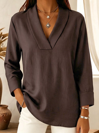 Blouse ample en lin marron, col V, manches longues, poignets retournés