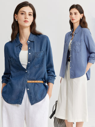 Chemise en jean femme bleue foncée ample, manches longues, boutonnée, poches poitrine