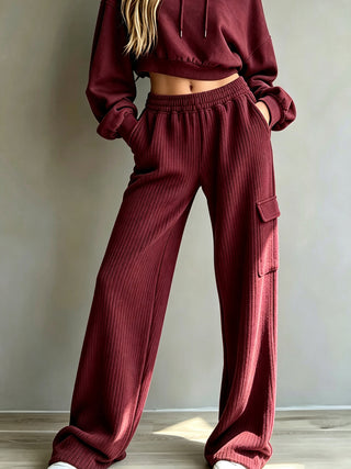 Pantalon large rouge vin à taille haute élastique, cordon, poches cargo latérales