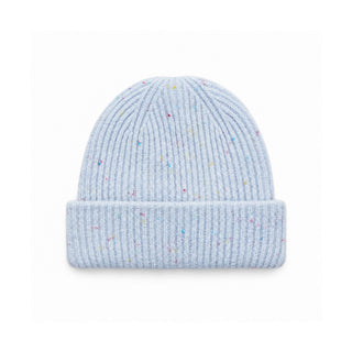 Bonnet bleu clair en tricot côtelé à revers, parsemé de petits points colorés