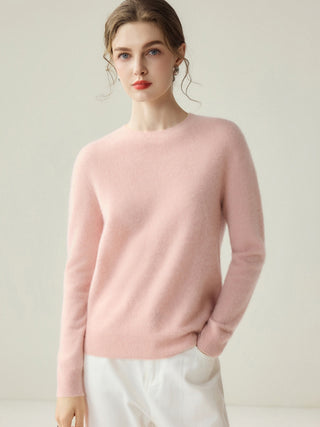 Pull femme en cachemire rose clair à col rond, maille fine, manches longues