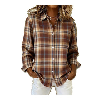 Chemise oversize en coton à manches longues carreaux bruns, boutonnée devant, col