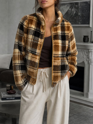 Veste polaire sherpa à carreaux, col montant, fermeture zippée, coupe courte
