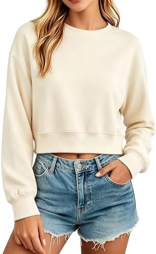 Sweatshirt court beige à col rond, manches longues, coupe ample