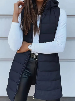 Gilet matelassé sans manches bleu marine, capuche et zip intégral