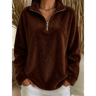 Sweat polaire femme marron, col camionneur et demi-zip, manches longues ample.
