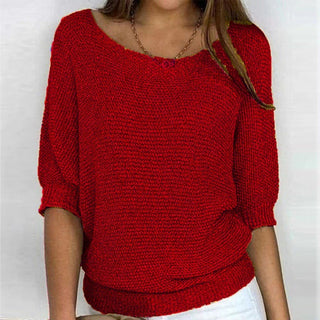 Pull femme ample en maille manches 3/4 chauve-souris, col rond, rouge.