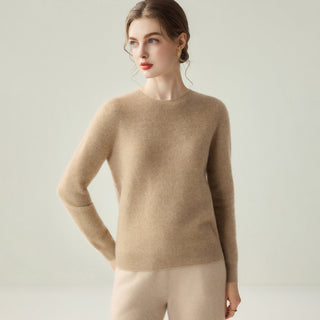 Pull femme en cachemire beige à col rond, manches longues, bord-côtes au bas