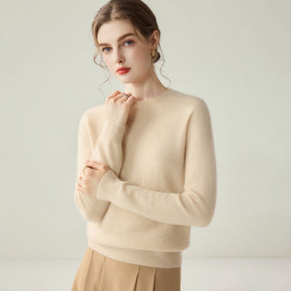 Pull femme en cachemire beige à col rond, manches longues, maille fine
