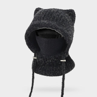 Cagoule en laine noire avec bonnet oreilles de chat et tour de cou intégré