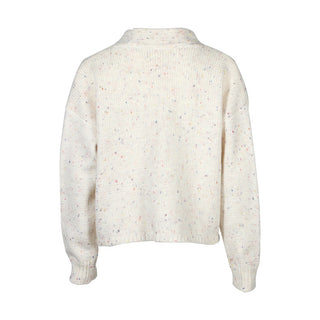 Cardigan femme en maille blanche à pois multicolores, vue dos.