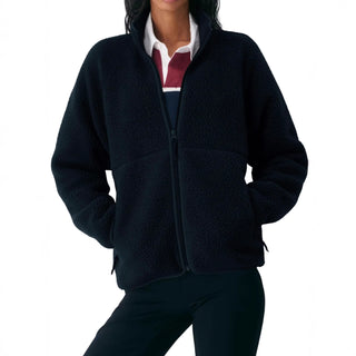 Veste polaire sherpa noire, zip central, col montant, poches latérales, coupe droite