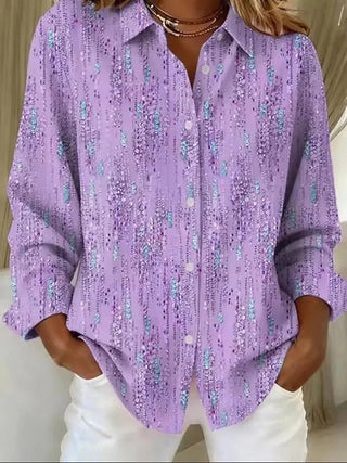 Chemise ample mauve à sequins multicolores, manches longues, boutons au centre
