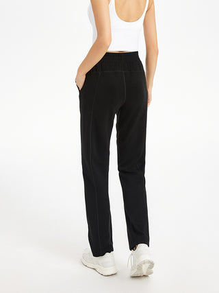 Pantalon de yoga femme noir taille haute, coupe droite fluide, fermeture élastique à la taille