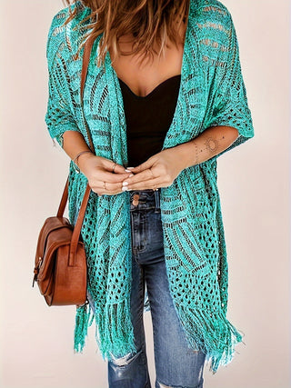 Gilet kimono crochet turquoise ajouré, ouvert, manches courtes, franges.