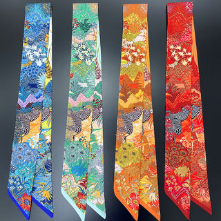 Foulards étroits en soie synthétique, imprimés floraux et animaliers en quatre coloris