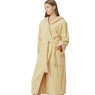 Peignoir en éponge à capuche, ceinture nouée, tissu gaufré, jaune clair, vue de profil.