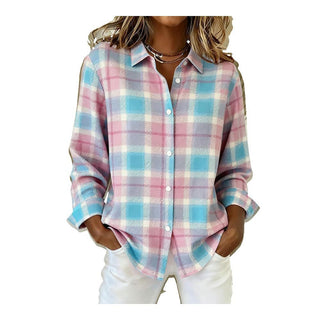 Chemise oversize coton à manches longues carreaux bleu clair et rose, boutonnée, col