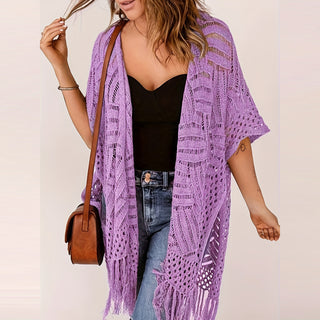 Gilet kimono long violet au crochet, manches courtes ajourées et franges