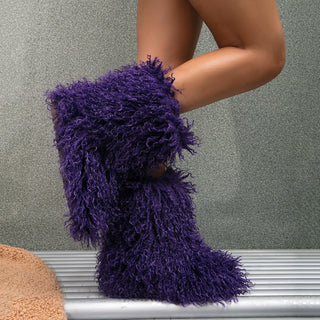 Bottes fourrées moumoute mi-mollet violet foncé, tige duveteuse