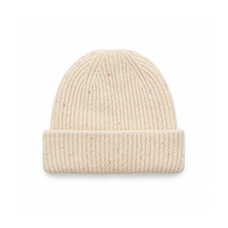 Bonnet écru en tricot côtelé à revers, parsemé de petits points colorés