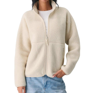 Veste polaire sherpa crème, zip central, col montant, poches latérales, coupe droite
