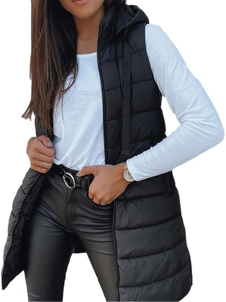 Gilet doudoune sans manches noir, capuche et zip intégral, matelassé long