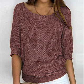 Pull femme ample en maille manches 3/4 chauve-souris, col rond, bordeaux.