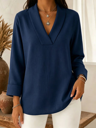 Blouse ample en lin bleu marine, col V, manches longues, poignets retournés