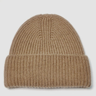 Bonnet docker femme en laine, maille côtelée épaisse camel, bord côtelé