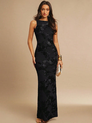 Robe longue moulante sans manches brodée de fleurs, fente, noire