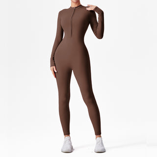 Combinaison de sport marron à manches longues, coupe moulante et demi-zip