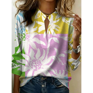 Blouse à col V fendu manches longues multicolore, grands motifs floraux
