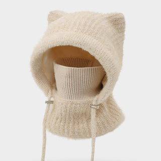 Cagoule en laine beige clair avec bonnet oreilles de chat et tour de cou intégré