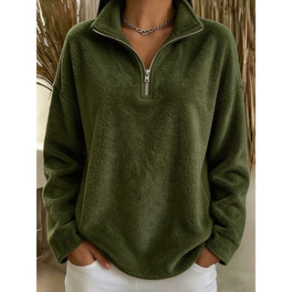 Sweat polaire femme vert olive, col camionneur et demi-zip, manches longues ample.