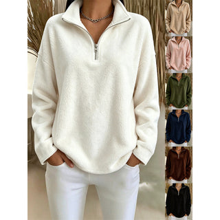 Sweat polaire femme blanc, col camionneur et demi-zip, manches longues ample.