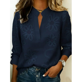 Blouse à col V fendu manches longues bleu marine, motifs floraux ton sur ton