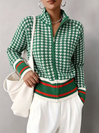 Gilet zippé femme col montant pied-de-poule vert, bords rayés rouge et crème