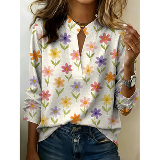 Blouse à col V fendu manches longues blanche, fleurs colorées multicolores