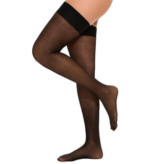 Bas voile fin noir avec large bande élastique noire en haut.