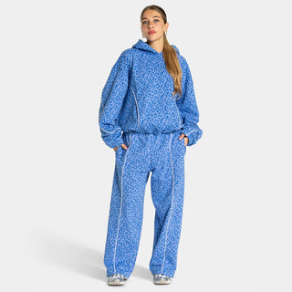 Ensemble sport femme sweat à capuche et pantalon ample imprimé léopard bleu