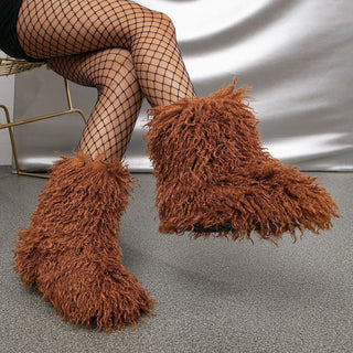 Bottes fourrées moumoute mi-mollet brun roux, tige pelucheuse