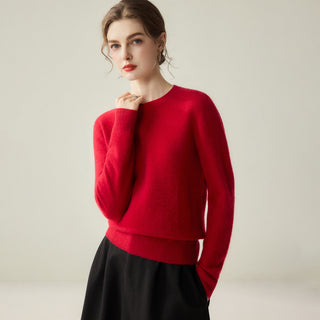Pull femme en cachemire rouge à col rond, manches longues, bord-côtes au bas