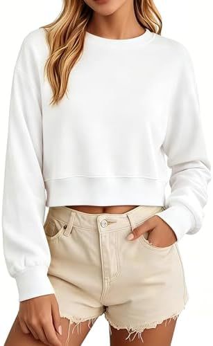 Sweatshirt court blanc à col rond, manches longues, coupe ample